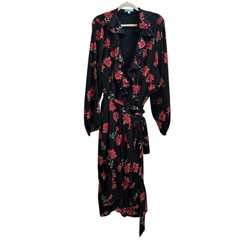 Draper James RSVP Ruffle Midi Wrap Dress Black Red Floral Sz 3X Long Sleeve - Picture 2 of 8
